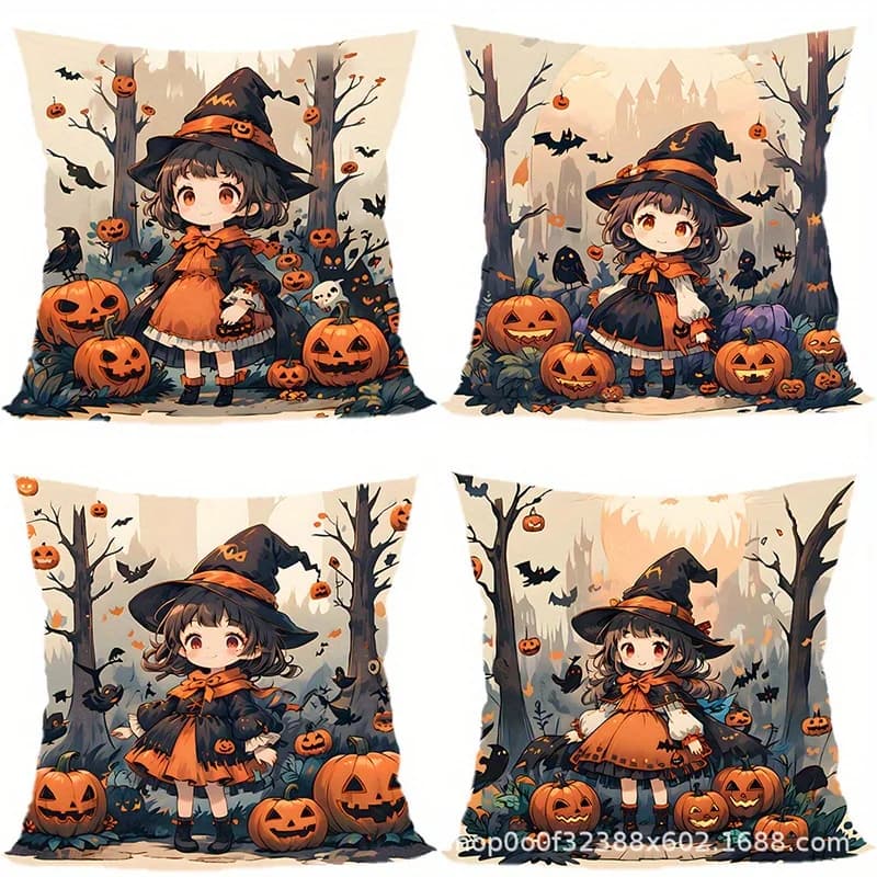 Federa per cuscino in peluche corto, decorazione per la casa, graziosa federa con motivo strega e zucche di Halloween, adatta per divano
