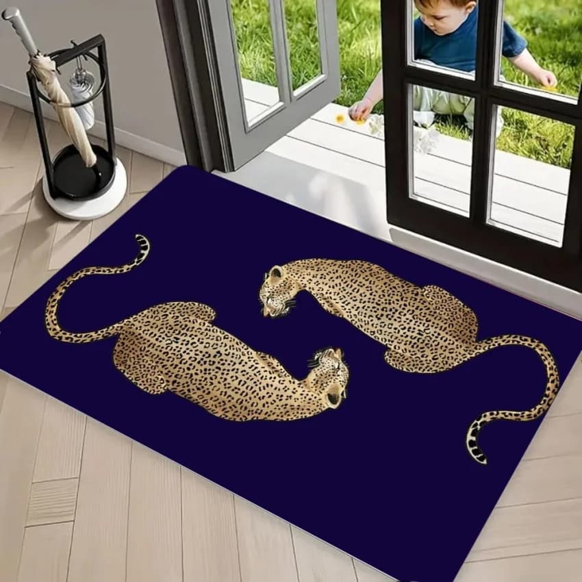 Luxury Navy Blue Dual Leopard Area Rug Carpet, Non Slip Floor Mat, Two Facing Cheetah Print Washable Welcome Rug for Entryway