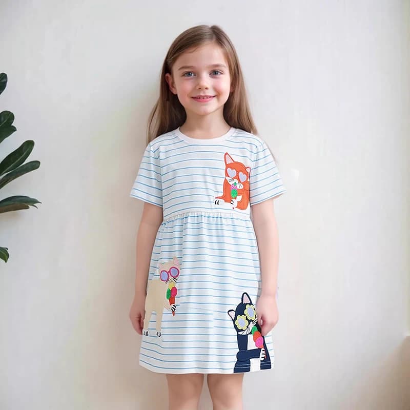 Little Maven Abbigliamento per bambini 2026 Nuova estate Abbigliamento per bambini Cartoon Gatti Abiti a righe Vacanza Cotone Abiti casual Regali