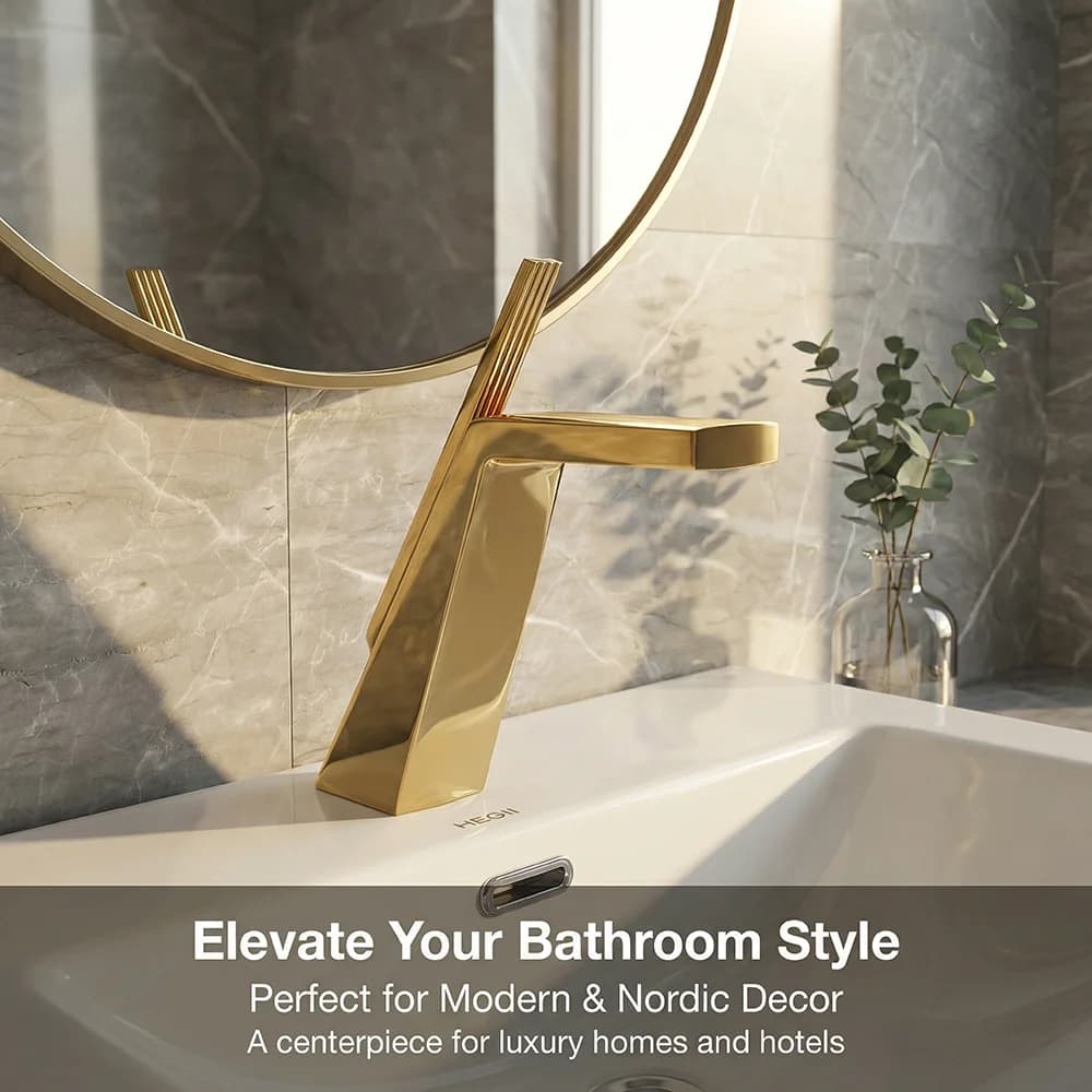 Polished Gold Bathroom Faucet, Solid Brass Modern Geometric Single Handle Basin Mixer Tap, Deck Mount Hot Cold Water Lavatory Fa