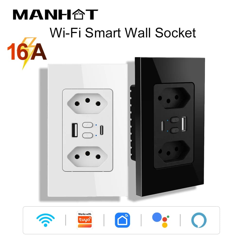 MANHOT Brazil Wifi Smart Wall Dual Socket 16A USB Type-C Plug Outlets Glass Panel APP Control Work with Tuya Alexa Google Home