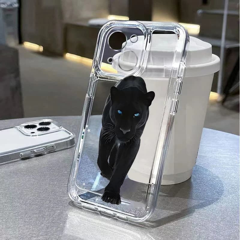 Custodia Antiurto Black Panther Trasparente per iPhone 17 Air 16E 16 15 14 11 Pro Max Plus 13 12 Mini 8 7 X