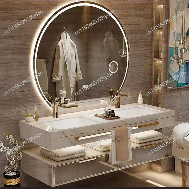 Mobile da Bagno Moderno in Ardesia con Specchio Intelligente, Doppio Lavabo in Ceramica, Mobile Sottolavabo, Arredamento Bagno