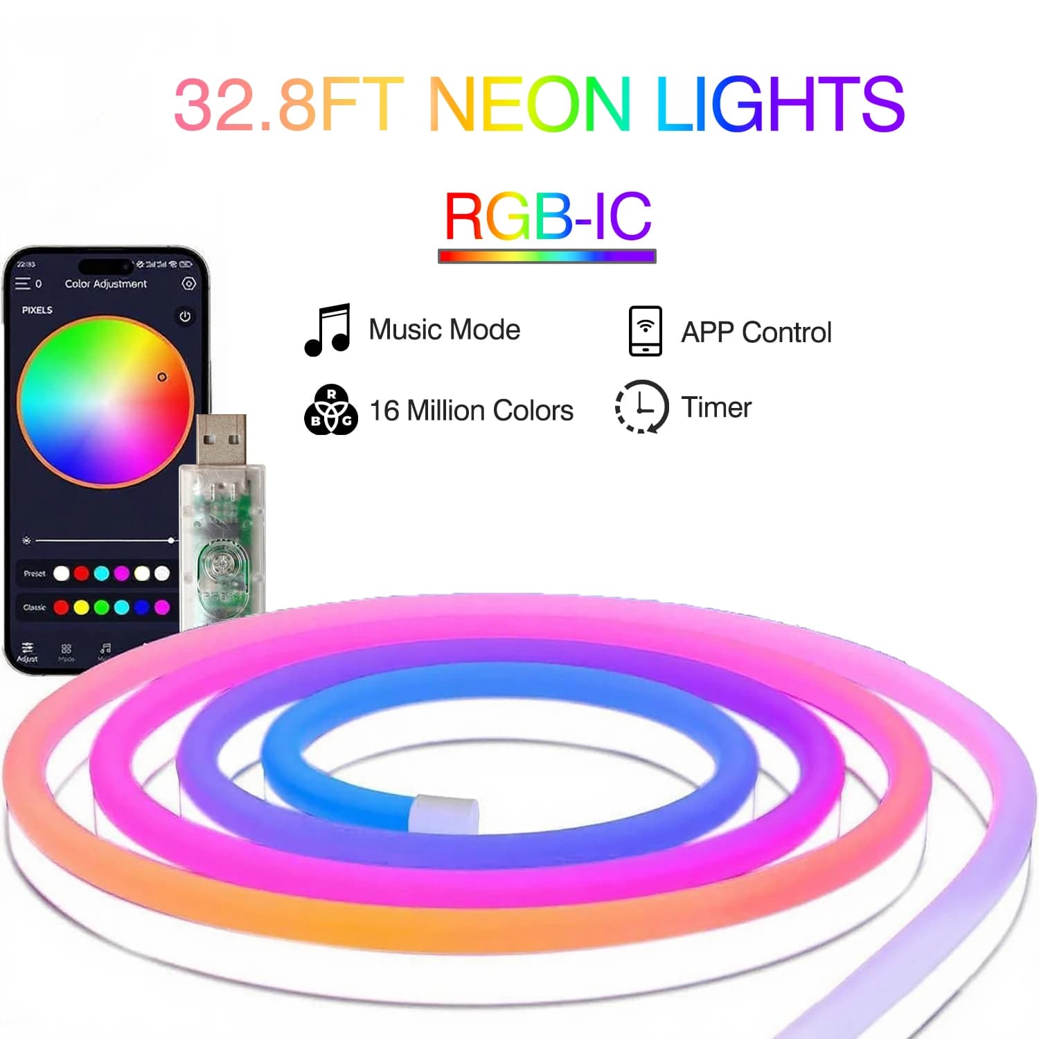 Striscia LED al neon RGBIC USB DC5V, luce a corda al neon RGBIC da 10 M con app Bluetooth e telecomando per neon fai-da-te