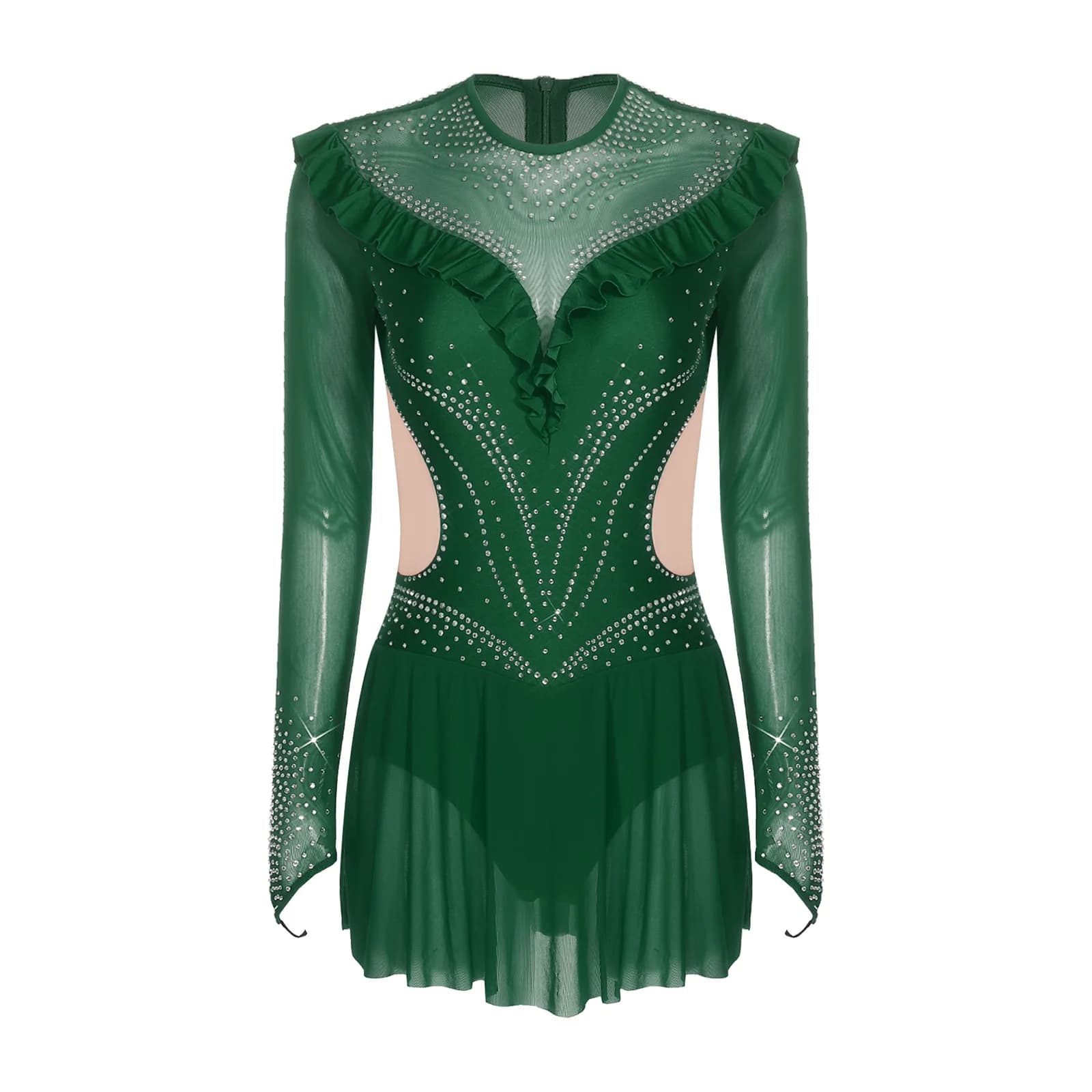 Costume da Pattinaggio Artistico per Donne, Body da Ginnastica Ritmica e Balletto, Abito da Ballo Latino e Jazz con Maniche Lunghe in Rete con Strass Luccicanti