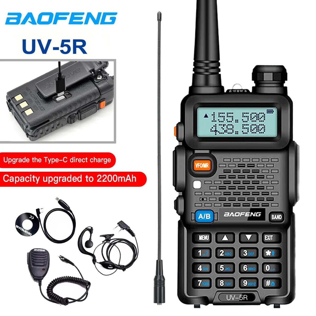 Baofeng UV-5R USB Lange Afstand Dual Band Ham Amateur Met Vhf Uhf Fm CB 128CH 2200mAh portatile portatile a lungo raggio Radio bidirezionale