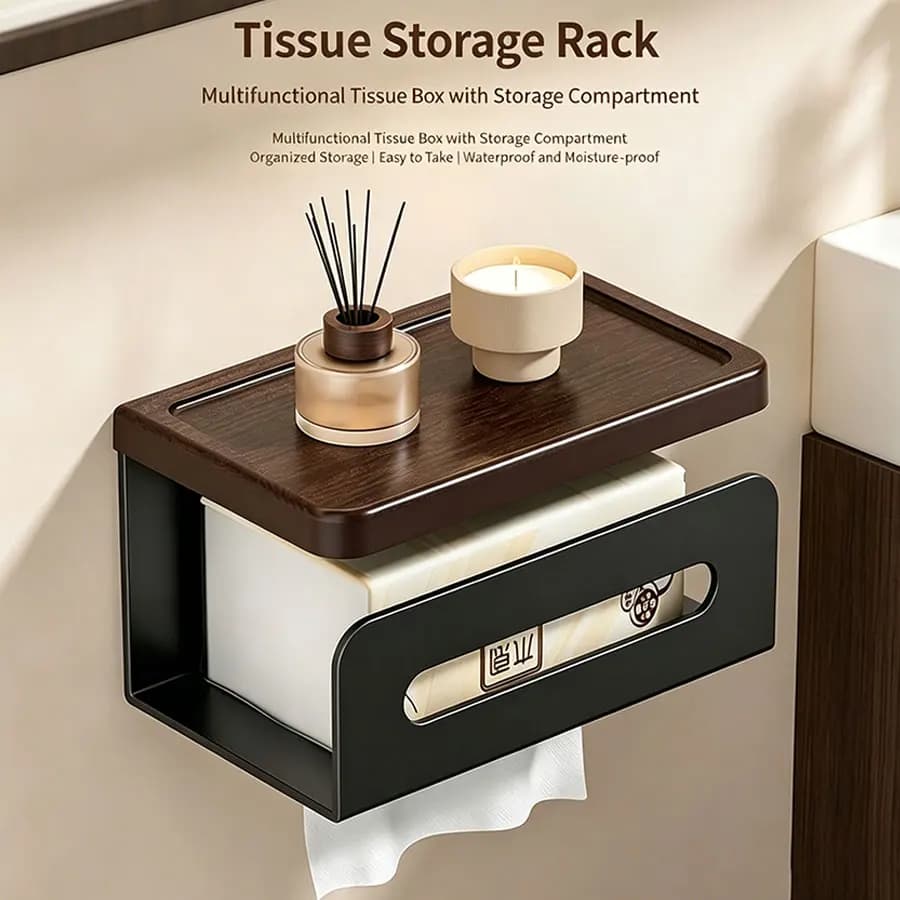 1PCS Walnut Wood Color Toilet Paper Holder No-Drill Bathroom Tissue Box with Hand Towel Storage Rack for Washroom