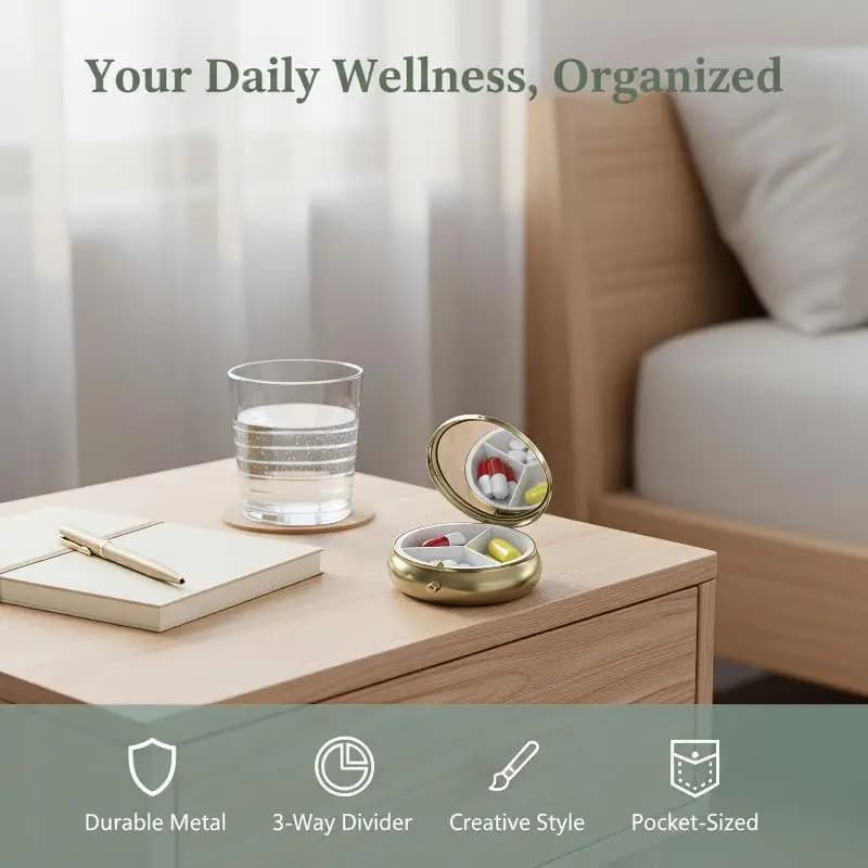 Portable Pill Case With Mirror Retro Small Pill Box For Purse Pocket Vitamins Fish Oil Supplements
