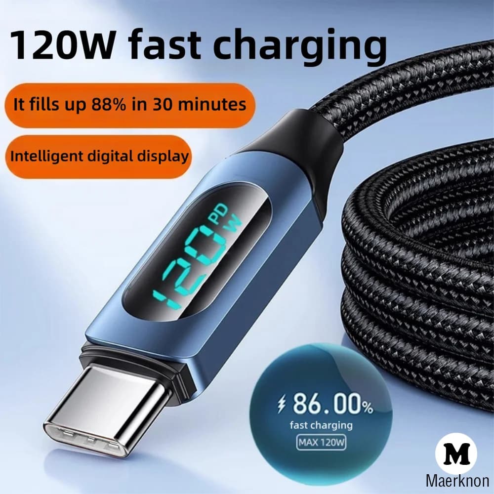 120 W 6A USB/Type C Quick Charging Cable Nylon Cable for Smart Display for iPhone Samsung Xiaomi Huawei Type C Charging Cable