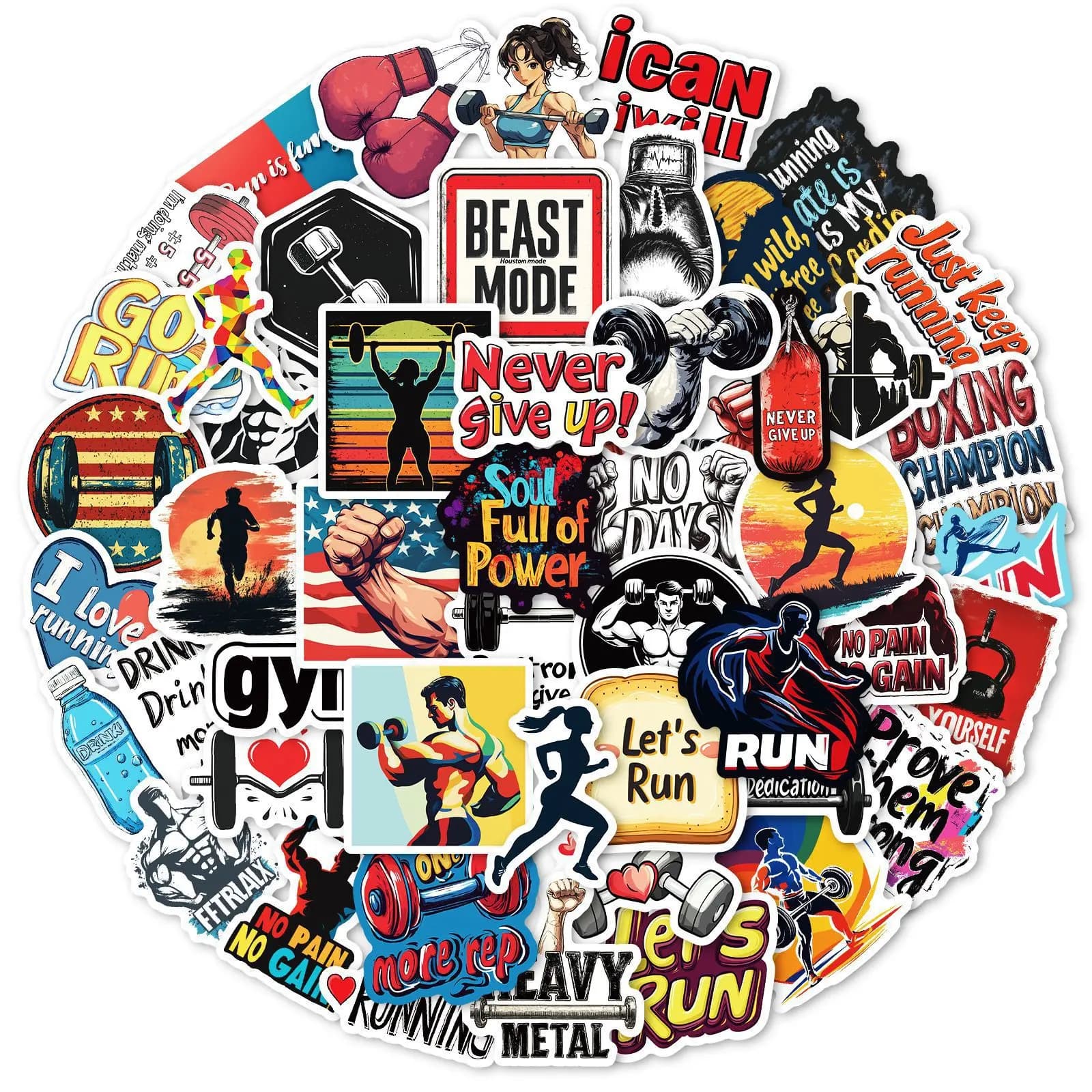 Confezione da 50 Adesivi HD a Tema Fitness, Senza Duplicati, Impermeabili, Fai-da-te per Telefono, Laptop, Valigia, Tazza, Macchina da Caffè, Scooter, Tavola da Surf