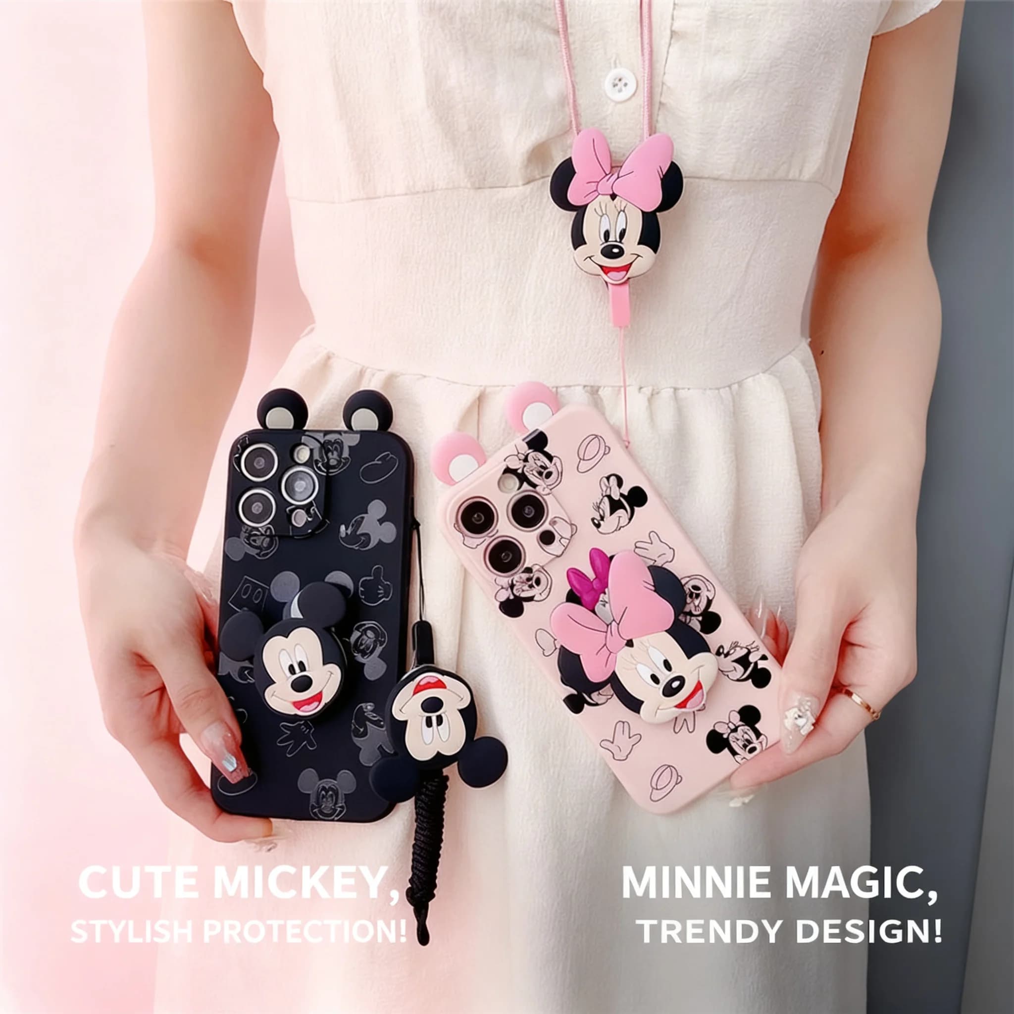 Custodia Protettiva per iPhone 14 Pro Max 13 12 11 7 Plus con Simpatico Design Mickey Mouse, Supporto Popsocket e Laccetto, per Ragazze, Donne e Bambini