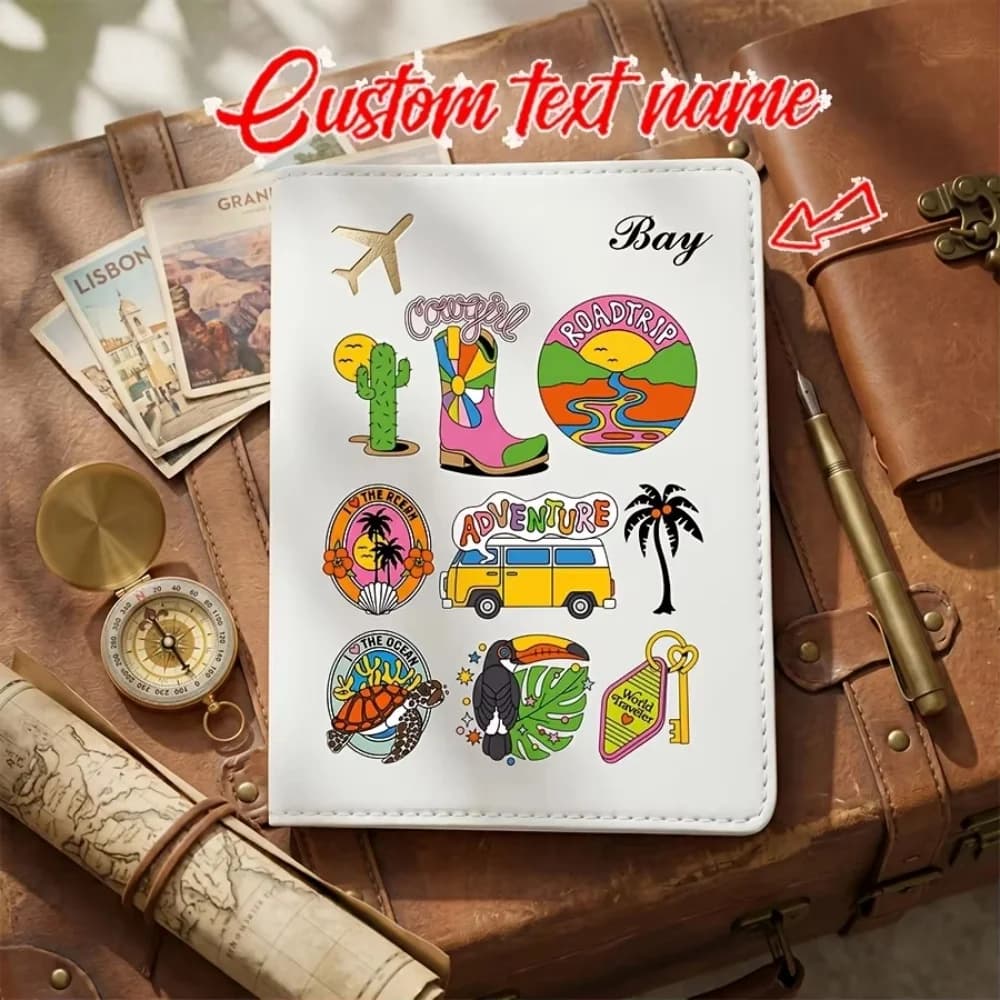 Personalized Custom Name Text Cartoon Pattern Passport Holder, Easy Open Close Travel Document Case