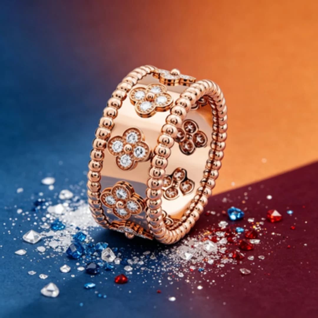 Anello di lusso leggero con quattro foglie tempestate di diamanti, in oro rosa, anello di alta gamma per banchetti