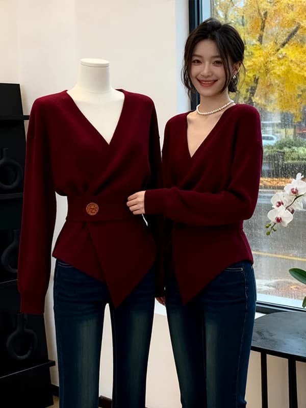 Elegante Maglione Rosso Vino con Scollo a V, Moda Femminile Autunno Inverno, Nuovo Stile di Alta Gamma, Leggero, Unico e Bellissimo, Top Trendy