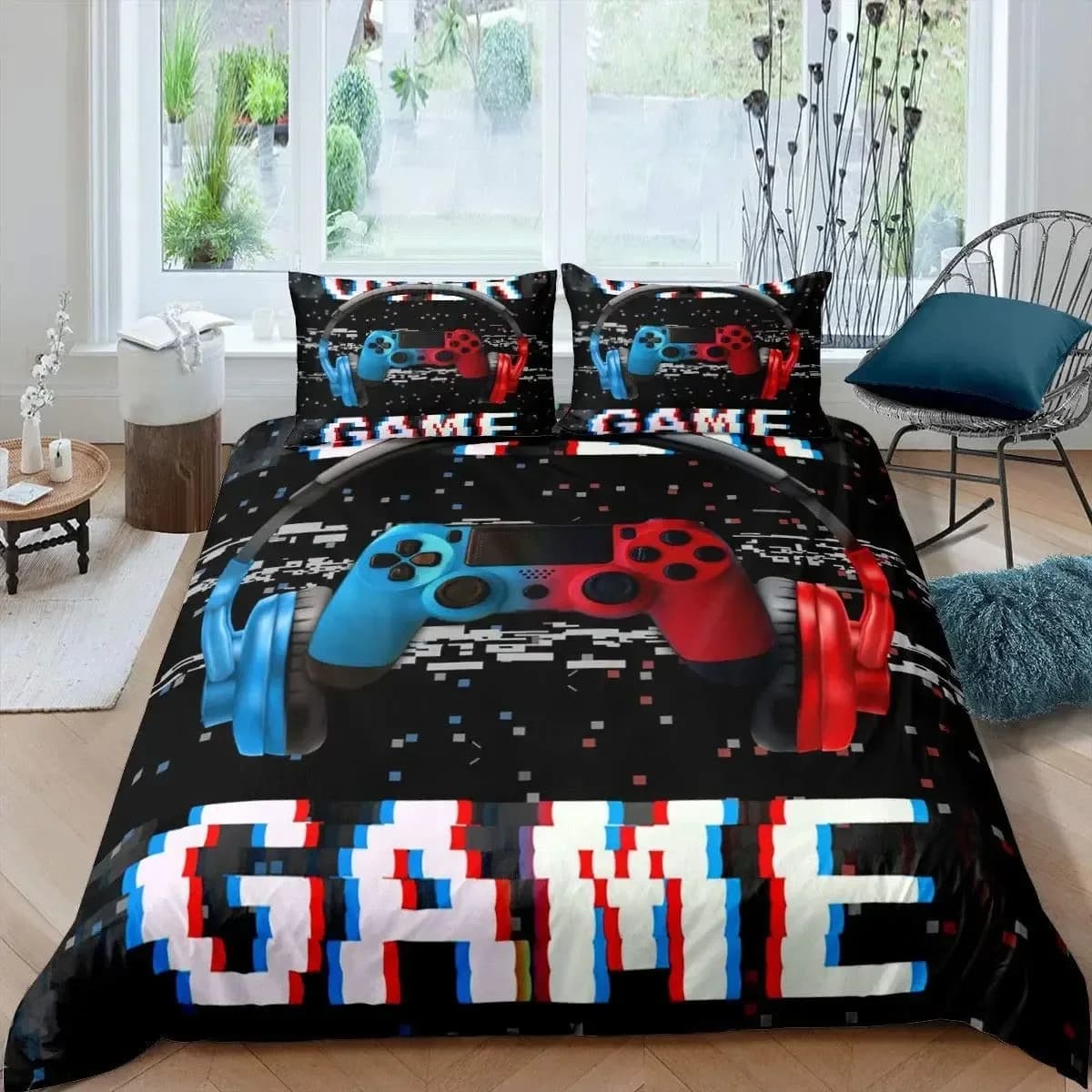 Set of bedlinen for video games 3D Headphones Gamer Gamepad Set duvet, Musical Quilt Set for boys, Bedroom Decorations with game controller
