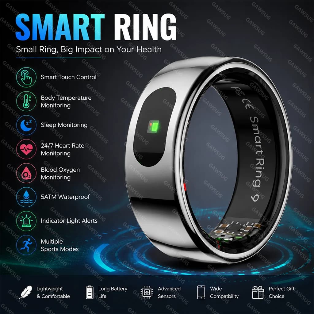 Smart Ring with Charging Case Touch Control Health Tracker 5ATM Waterproof SpO2 Heart Rate Sleep Monitor Fitness Gift Men Women
