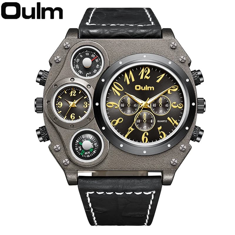 Oulm New Style Unique Designer Brand Men's Sports Clock Fuses Multiple Hours Quartz Watch Leather Strap Men's Watch Relogio Masculino
