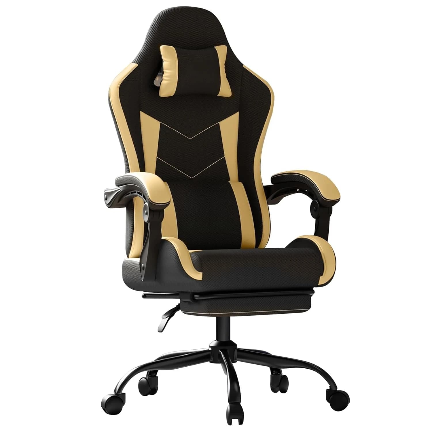 Sedia da Gaming con Poggiapiedi Massaggiante, Supporto Lombare Regolabile, Poggiatesta in Pelle e Rete, Capacità 150 kg, Oro Personalizzabile