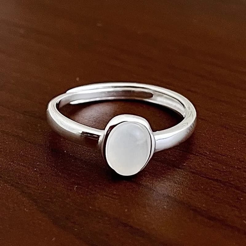 Classic Simple Sterling Silver Adjustable Oval White Chalcedony Ring for Women Girls Exquisite Geometry Jewelry Accessories Gift