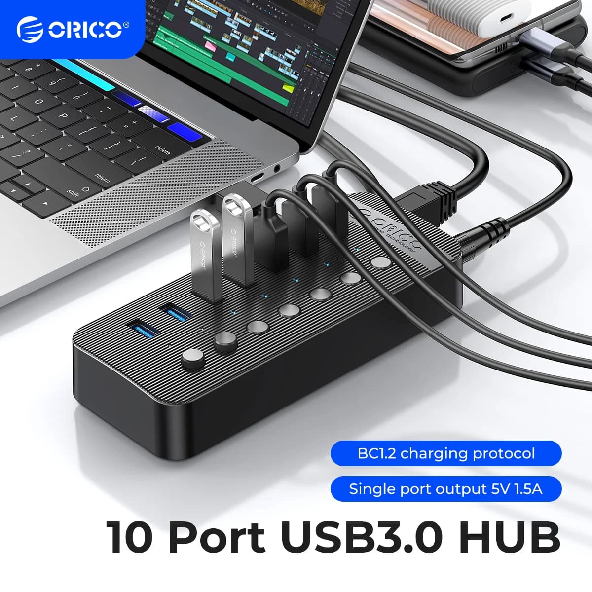ORICO HUB USB 3.0 Industriale a 10 Porte in ABS con Splitter OTG e Interruttore On/Off, Adattatore di Alimentazione 12V e Supporto per Caricabatterie per Computer
