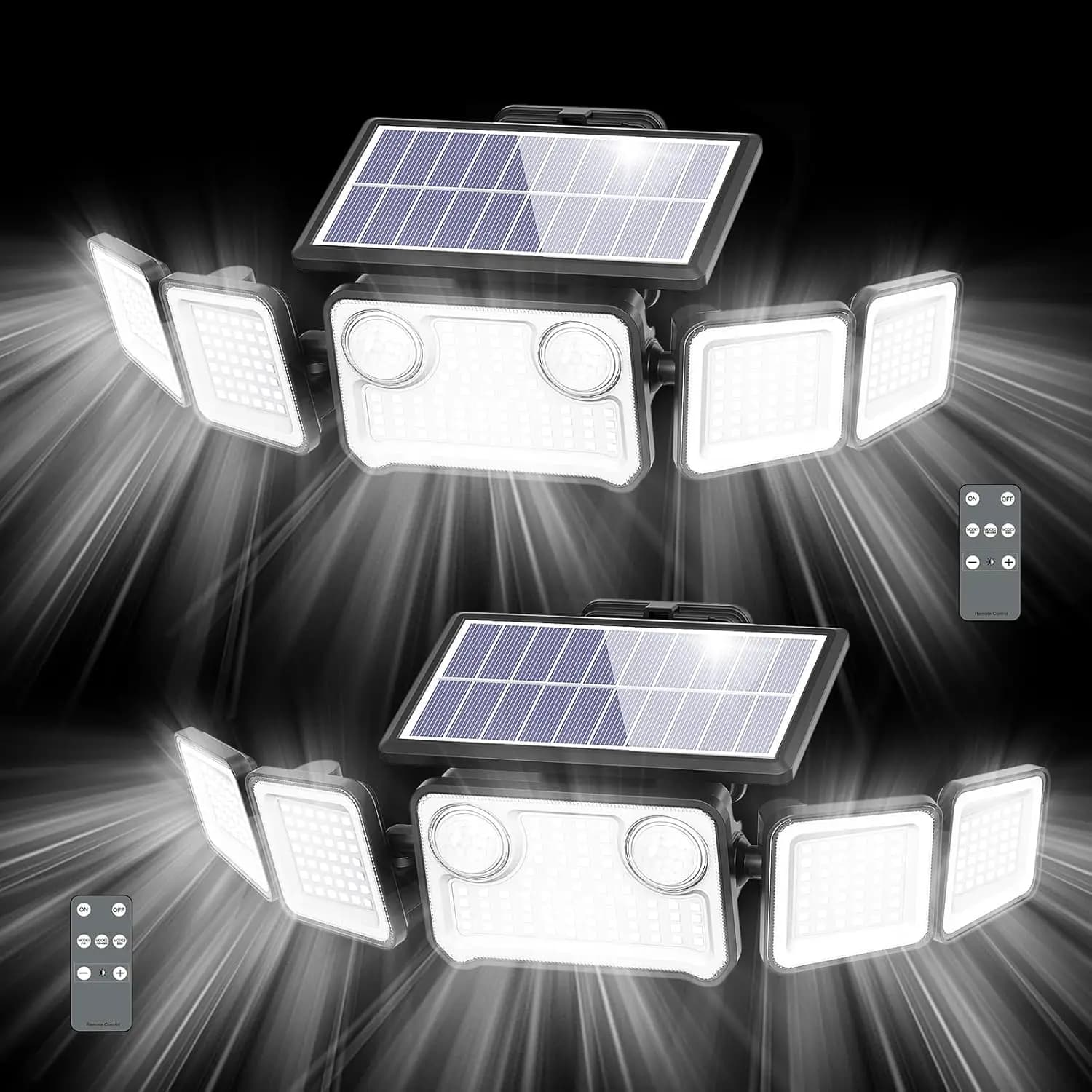 Luci di Sicurezza Solari a 5 Teste con Telecomando, Fari con Sensore di Movimento da 6000LM, Impermeabili IP65 per Esterni, Muri e Giardini