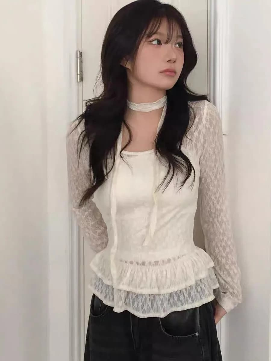 Retro Lace Long Sleeve T-Shirt with Sash Decoration for Girls Korean Style Spring Autumn Winter New Arrival Casual Wear