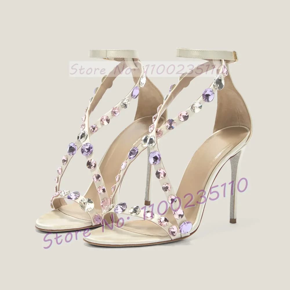 White satin sandals with colorful round beads Women's shoes with high heel class with cross strap Summer shoes with heel cover for luxury parties