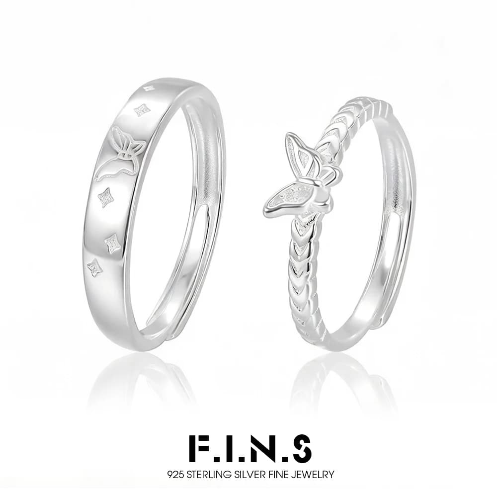 F.I.N.S Anelli per Coppie a Forma di Farfalla in Argento Sterling S925, Regolabili, Unisex, Alla Moda, Gioielli Raffinati
