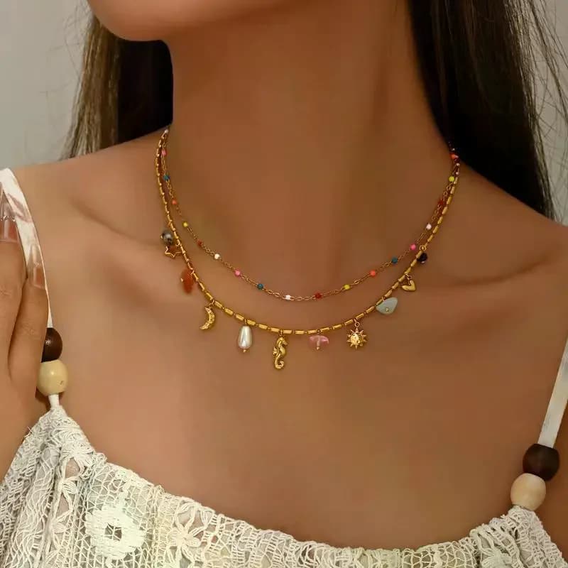 Boho Gold Layered Necklace Star Moon Seahorse Charms Shiny Colorful Chain Valentine's Gift for Girlfriend
