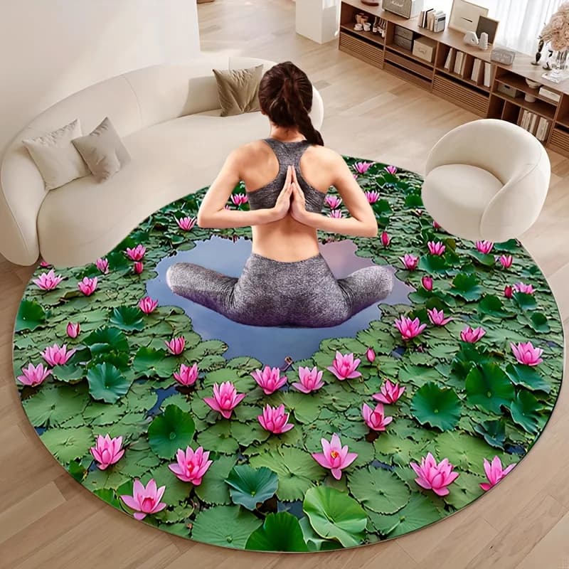 Blooming Pink Lotus Pattern Round Flannel Rug, Meditation Yoga Mat for Indoor Living Room Decor, Portable Floor Cushion
