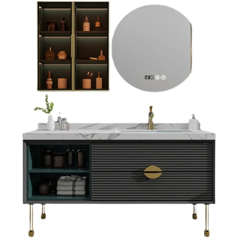 * Combinazione di mobili da bagno in rovere lavabo lastra di roccia Lavabo per WC francese Mobiletto a specchio intelligente dal pavimento al soffitto