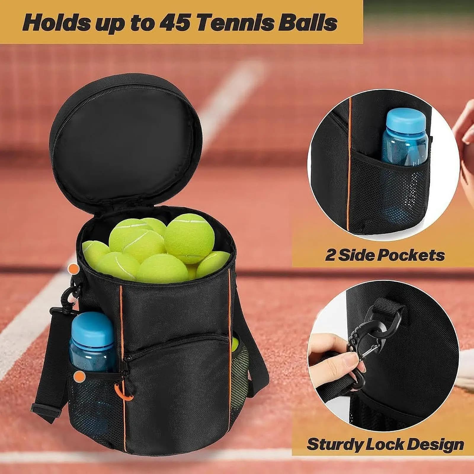 Borsa per palline da tennis Cerniera liscia Cestino per palline da tennis impermeabile Cinghia regolabile per palline da baseball Pickleball Allenamento da ping pong