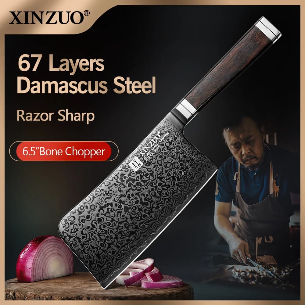 XINZUO 6.5 Inches Bone Chopper Original Design 67 Layers Damascus Steel Heavy Duty Kitchen Knife For Hard Food For Chicken