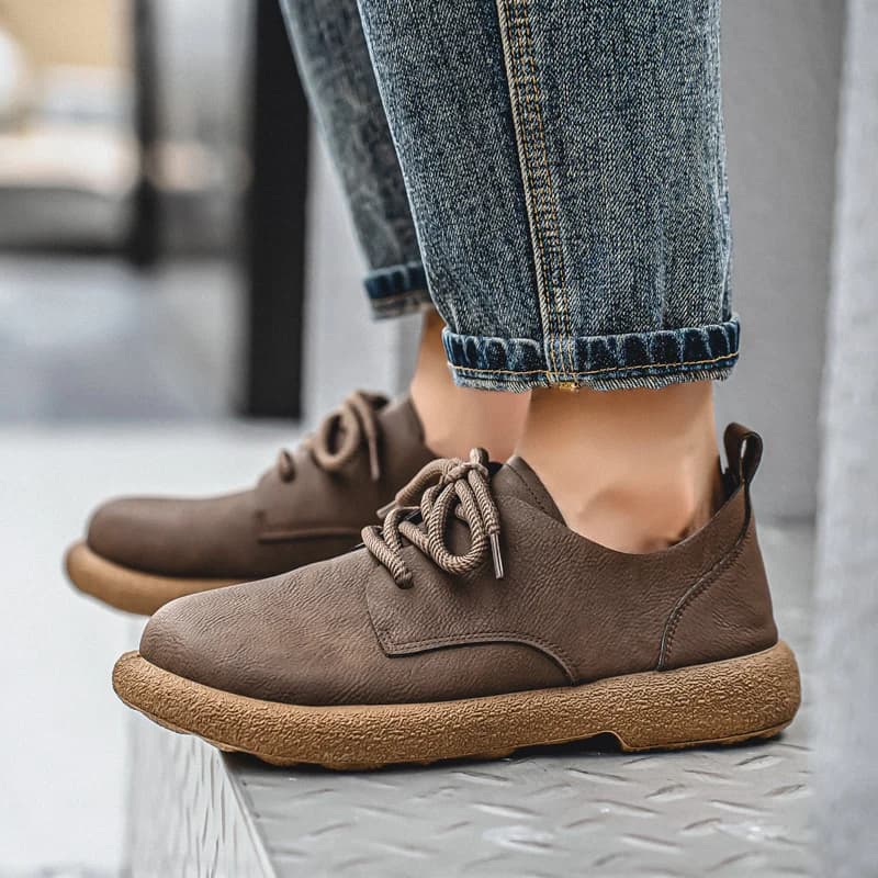 2026 New Men Leather Casual Shoes, Wide Toe Retro Low Top Lace Up Loafers, Trend Versatile Soft Leather Soft Sole Daily Footwear