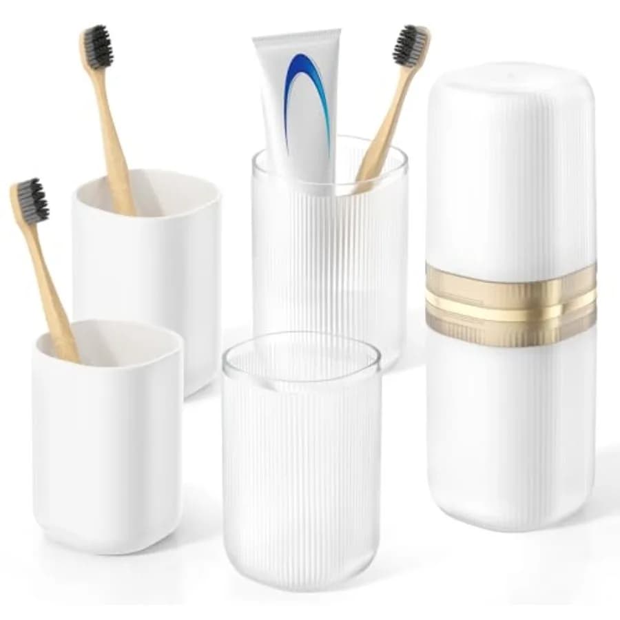 4-in-1 Toothbrush Travel Case, Portable Toothbrush Holder with 4 Rinse Cups, Large-Capacity Storage for Toothbrush and Toothpas