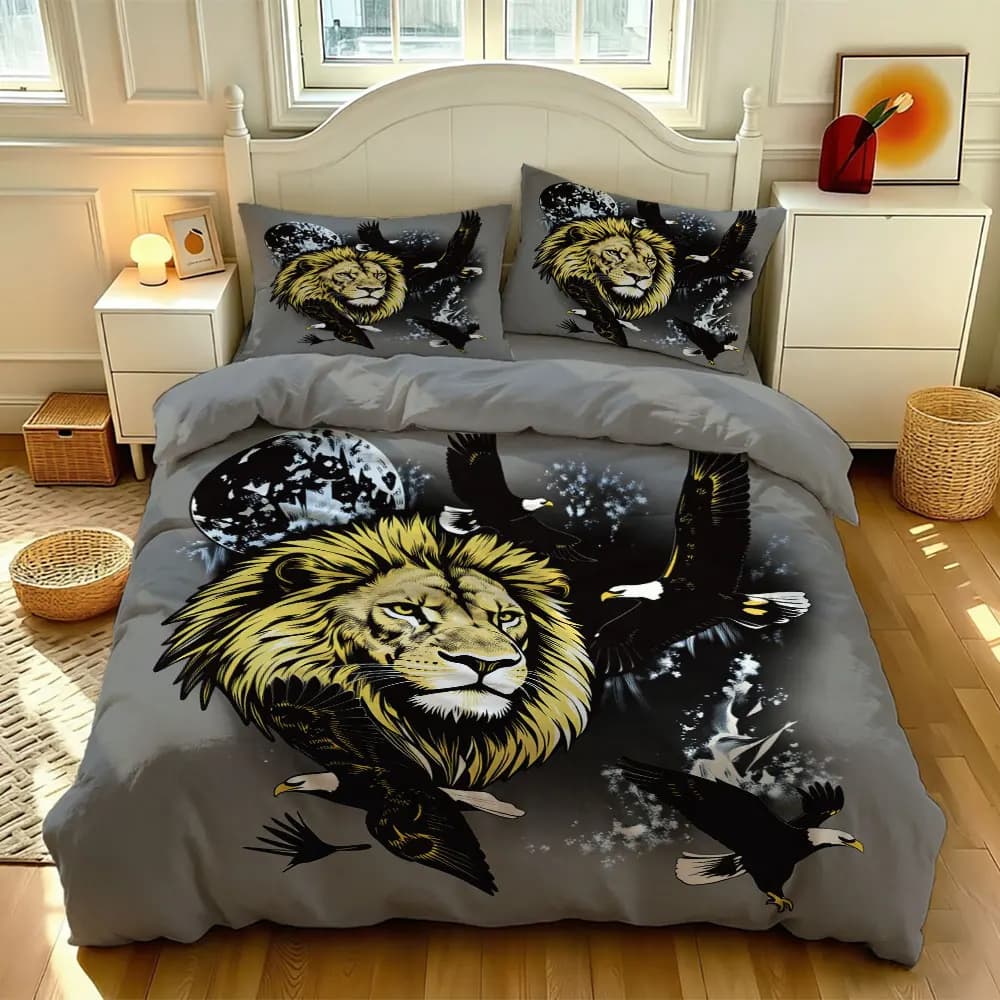 3pcs Ferocious Lion Print Multi Size Coreless Duvet Cover Set Soft Summer Cool Bedding Decoration Machine Washable