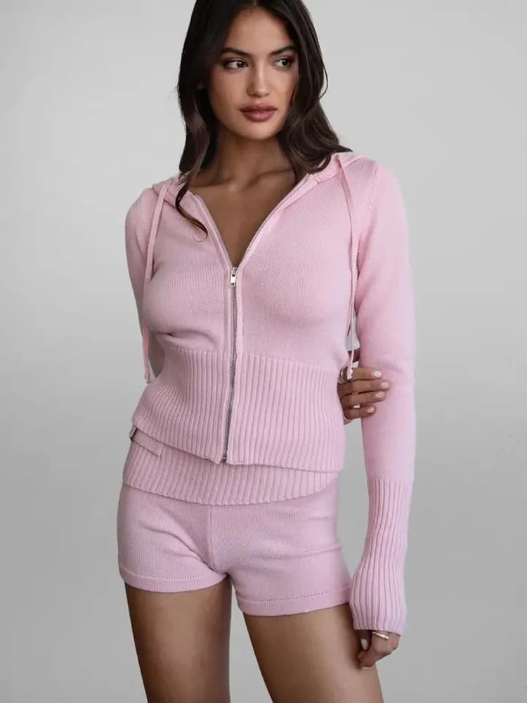 Spring Autumn Knitted Shorts Suit Women Long Sleeves Hooded Zipper Tops+high Waist Slim Shorts Female Solid Knit Two Piece Set