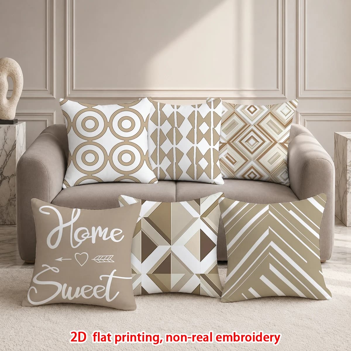 1pc Set of 6 Neutral Tone Geometric Throw Pillow Covers, Home Sweet Home Decorative Cushion Cases for Sofa Bedroom Living Room