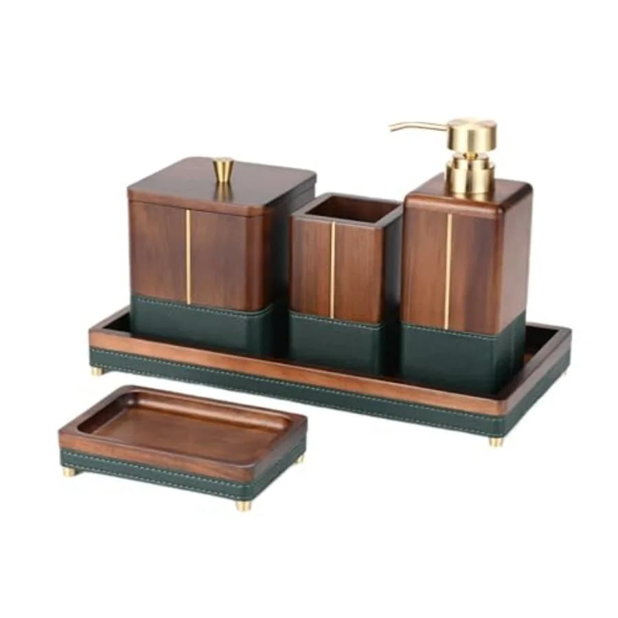Set di accessori da bagno in legno di acacia da 5 pezzi con vassoio Dispenser di sapone in legno Portaspazzolino Tampone di cotone Portasapone per Vani