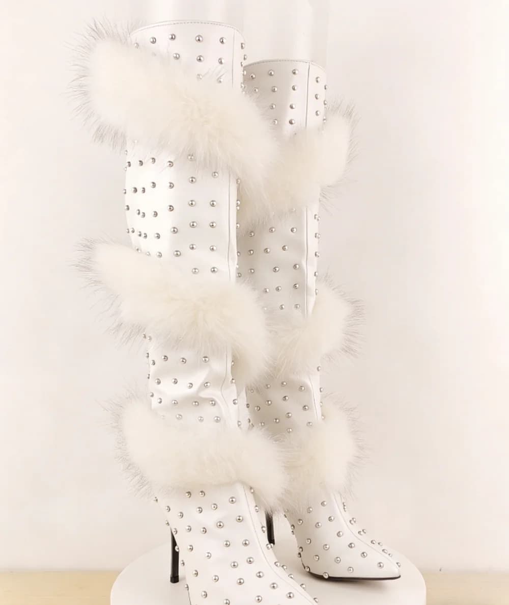 Stivali Sopra il Ginocchio in Pelle alla Moda con Punta Affusolata, Dettagli Borchiati Argento, Finitura in Pelliccia Sintetica, Tacco a Spillo, Stile Punk
