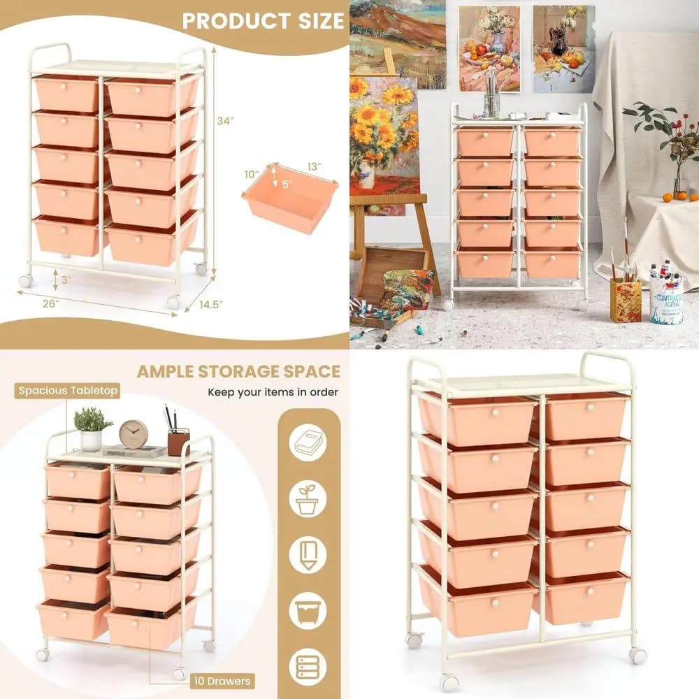 Carrello Portaoggetti Compatto da Scrivania con 10 Cassetti, Organizzatore Mobile per Forniture di Carta, per Materiali Artistici o Uso in Classe