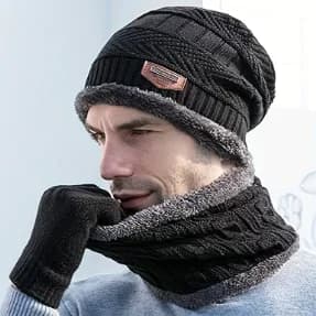Winter cap set, scarf and touchscreen gloves for men and women, hot knitted skull cap