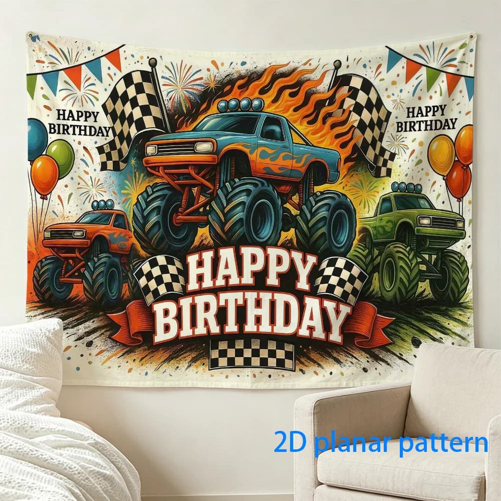 Happy Birthday Tapestry Wall Hanging Retro Car Truck Racing Americana Art Festive Celebration Decor Pop Culture Gifts Unique Pla