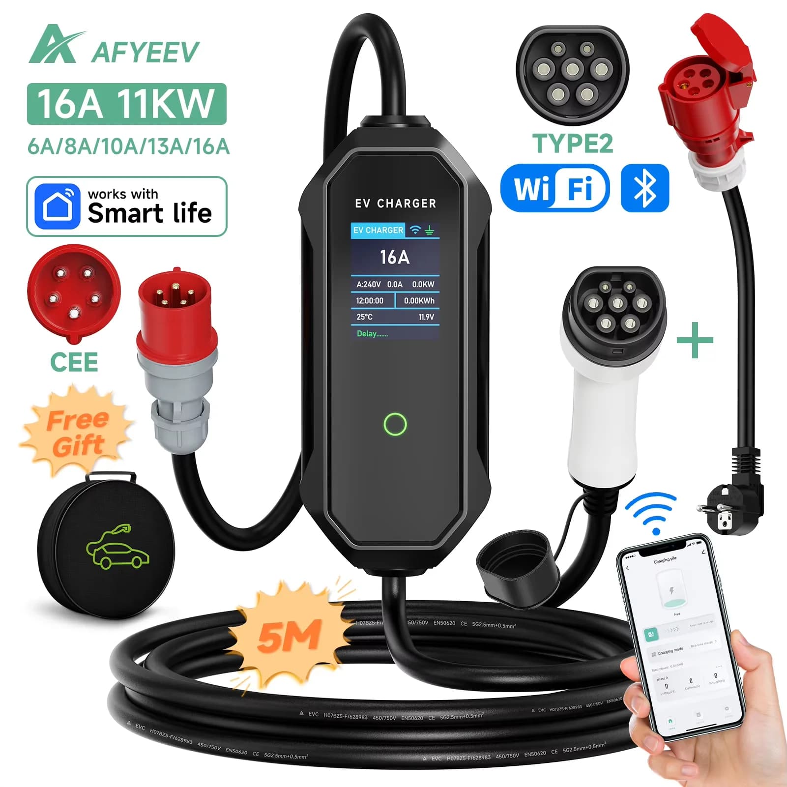 AFYEEV Type2 Caricatore EV portatile 11KW 16A 3P GBT Caricatore per auto Wi-Fi APP Controllo EVSE Scatola di ricarica Spina CEE per veicolo elettrico