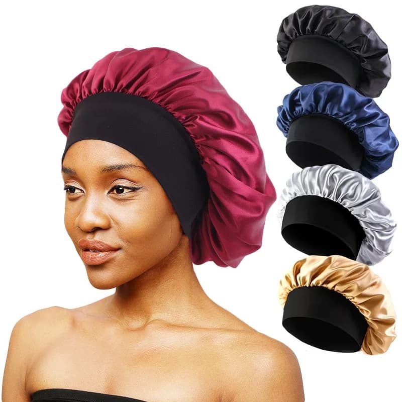Cuffia da doccia a tesa larga in raso Cuffia da notte Avvolgimento per capelli setosi Cuffia da notte per dormire Cuffia con fascia elastica Cura dei capelli Cappello da bagno Strumento per avvolgere