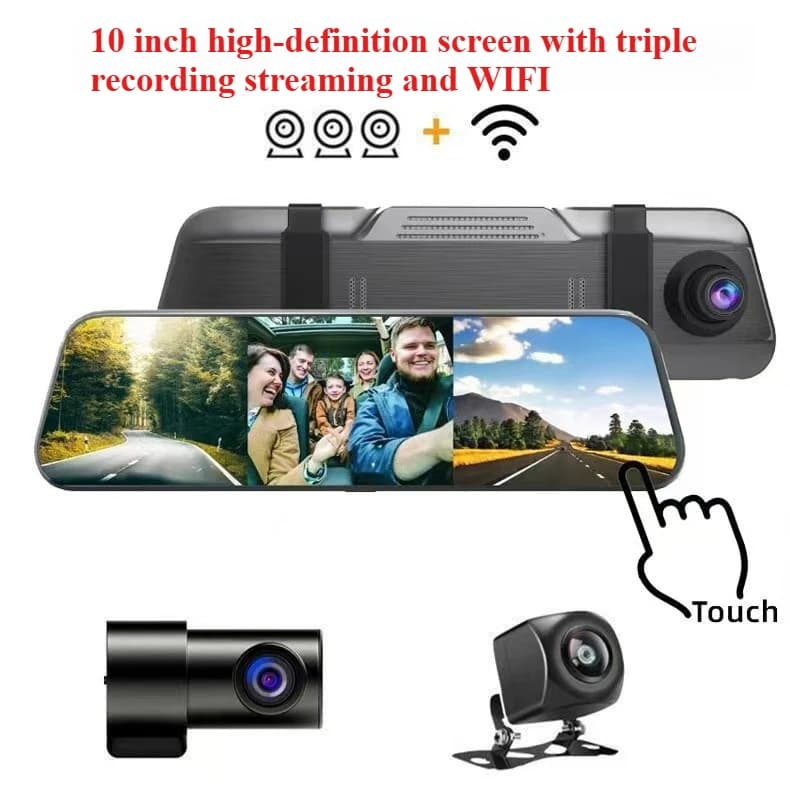 HONGTONG Dash Cam with Mirror Retrovisor from 10 Poles to 3 Objectives with Camera Front, Rear and Interior, HD recording with Night Vision for Cars