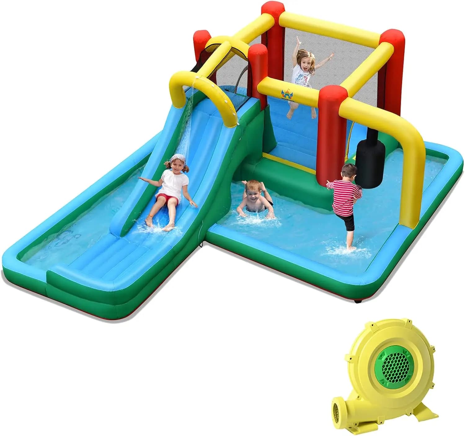 Scivoli d'acqua per bambini nel cortile-scivolo d'acqua gigante con parete rampicante, Tunnel strisciante e grande pendolo, gonfiatore 6 in 1