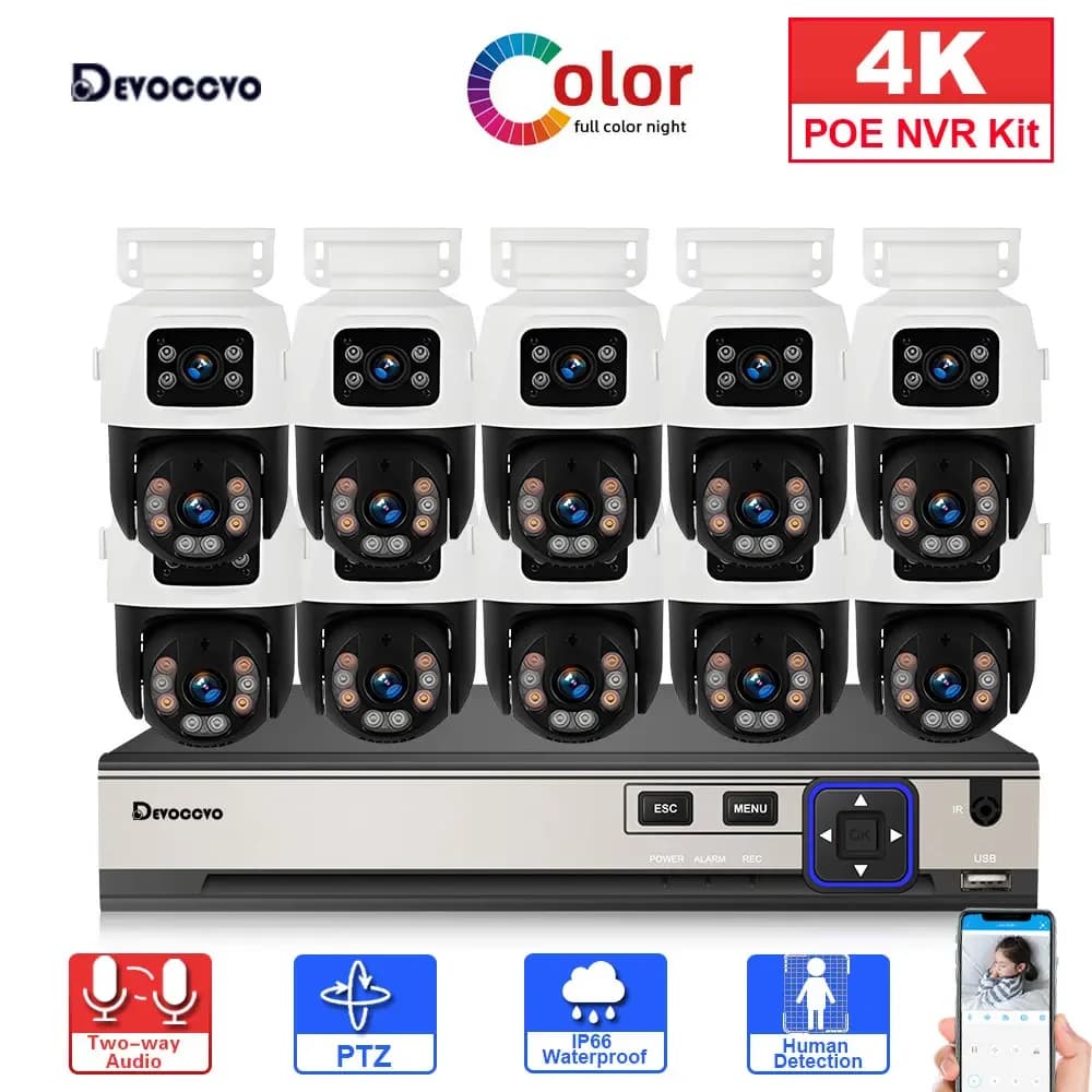 Kit NVR POE H.265 8CH con Telecamera IP PTZ a Doppia Lente Impermeabile per Esterni, Sistema di Sicurezza con Audio Bidirezionale, Kit di Videosorveglianza CCTV 4K