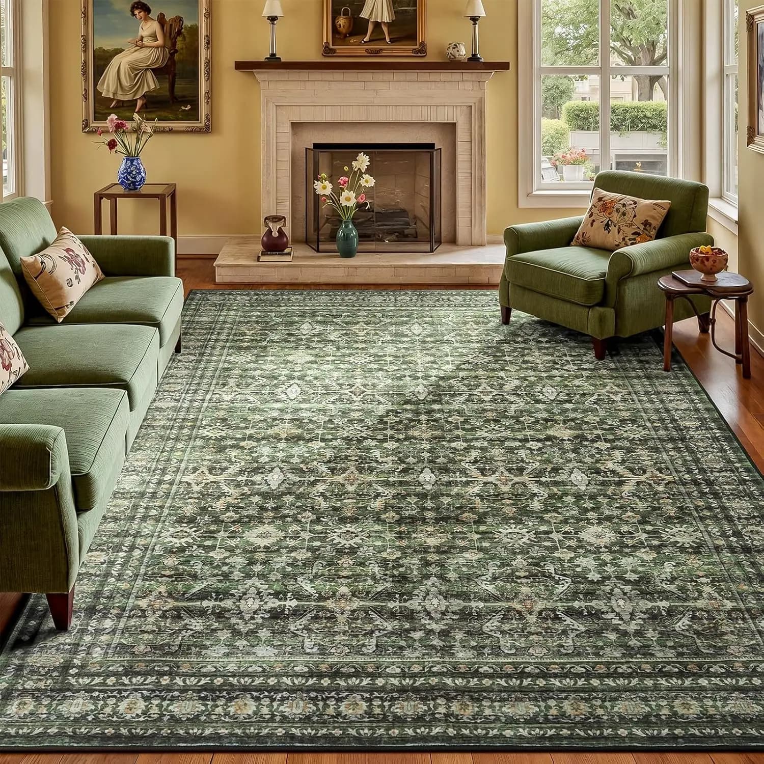 8x10 Washable Area Rug for Living Room, Green Non-Slip Boho Carpet, Soft Large Rug for Bedroom Dining Home Office