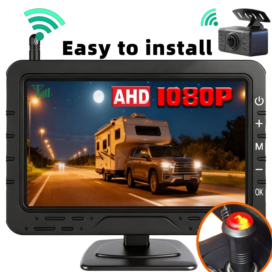 QXNY Wireless 4.3In Car Parking Monitor AHD1080P IR Reverse Backup Camera for Vehitle Pickups/RV/Trailer/Camper Car Easy Install
